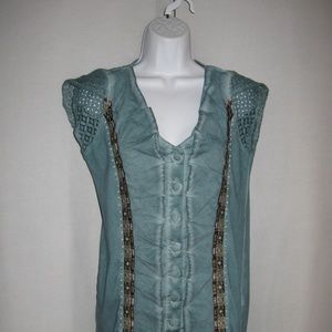 Angels Never Die Crochet Back Embroidered Top Teal